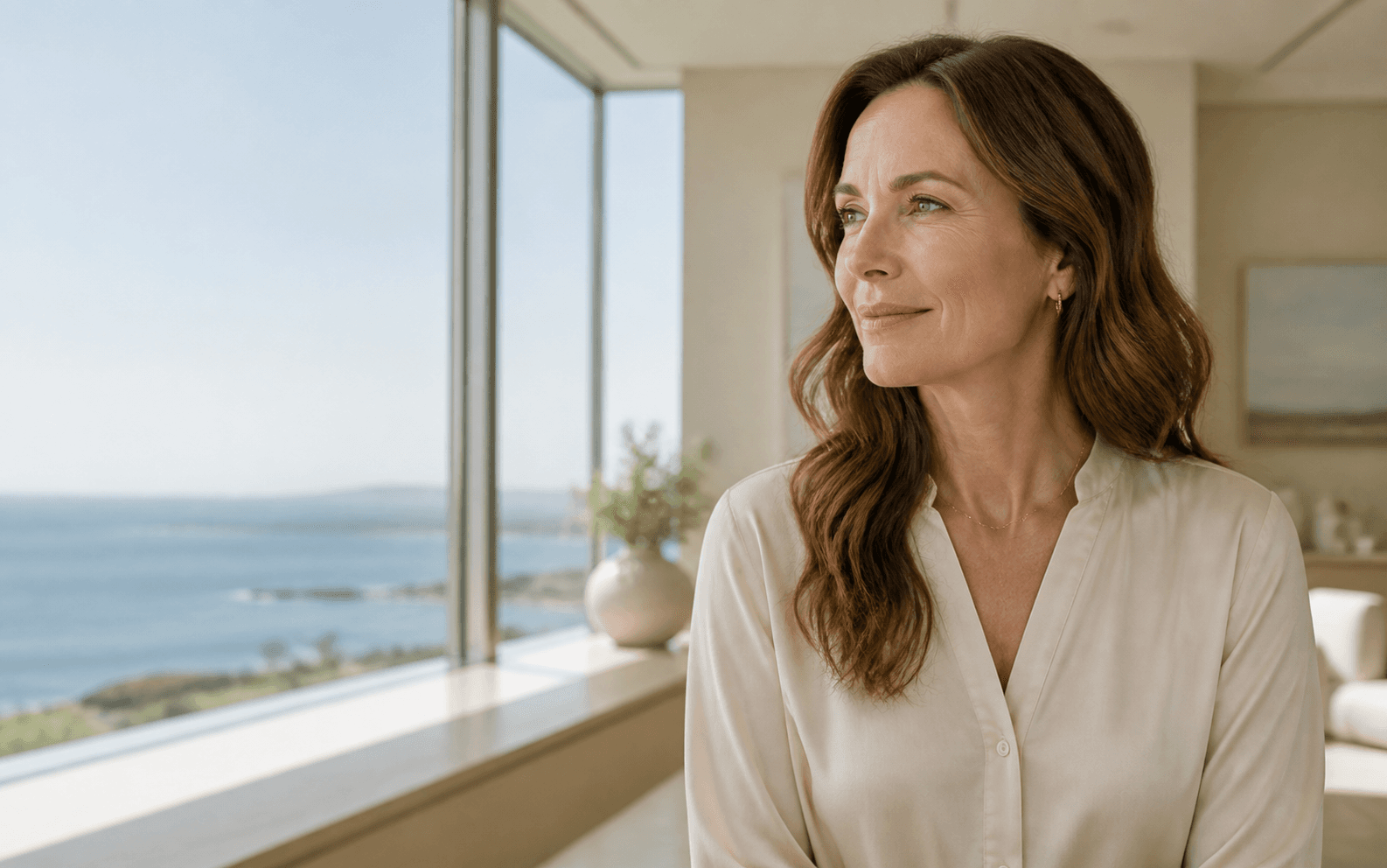 Confident woman in a serene Monterey Bay setting